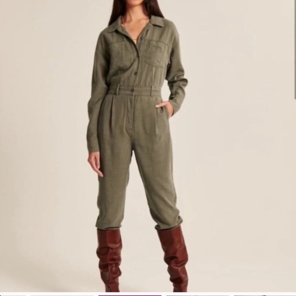 Abercrombie & Fitch Petite Utility Jumpsuit Military Green Cotton Long Sleeve - Picture 1 of 16